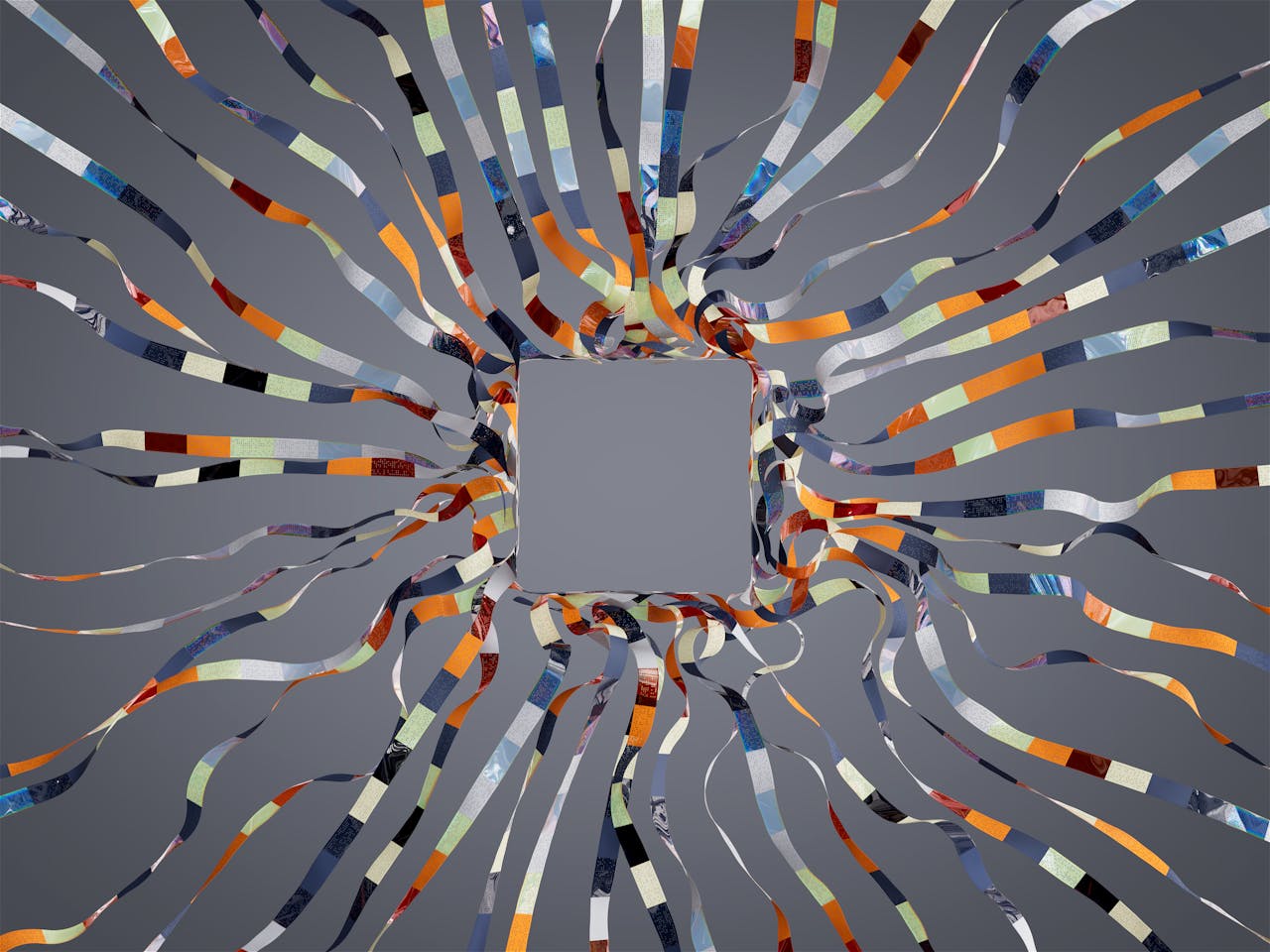 Vivid 3D rendering of dynamic colorful ribbons forming a square in abstract digital art.